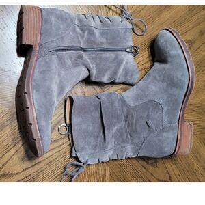 Sofft Grey Suede Slouch Lace Up Back Boots Low Block Heel Womens